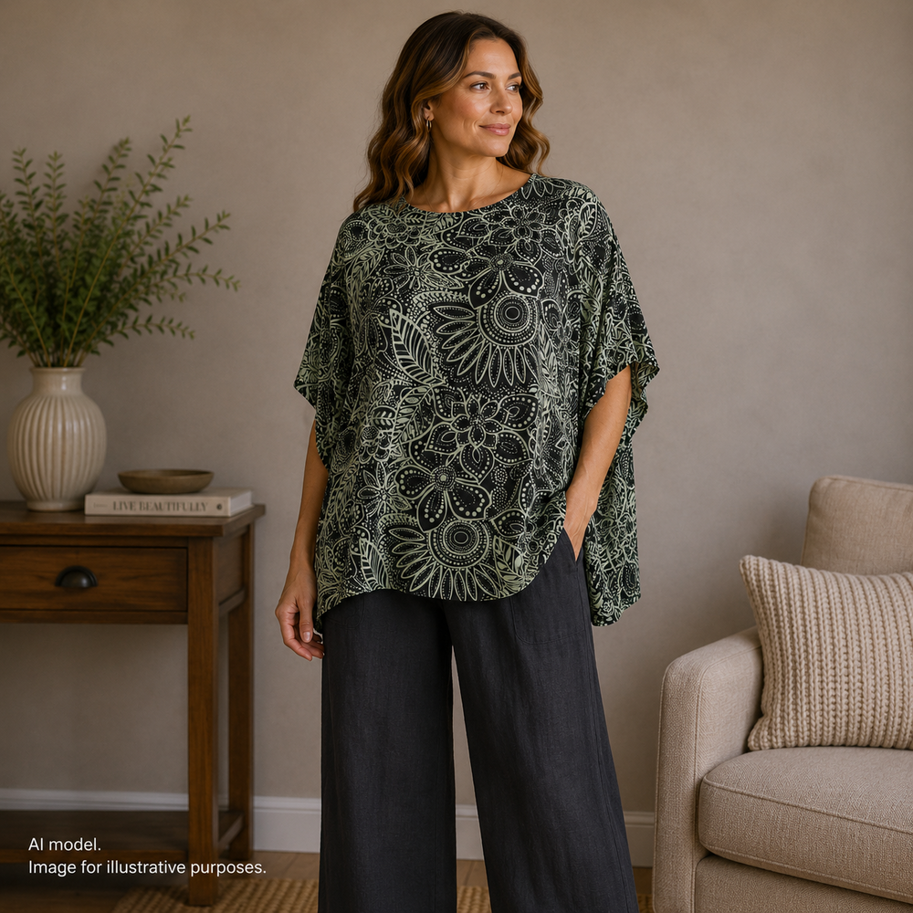 Bryn Walker Shirt Womens Large Green Floral Debo Tunic Bateau Kimono Made In USA